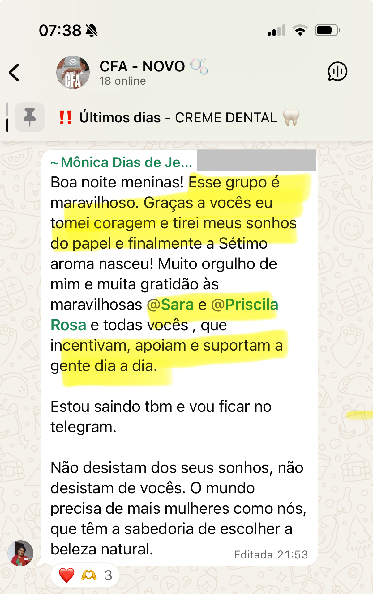 Depoimento sobre suporte e comunidade